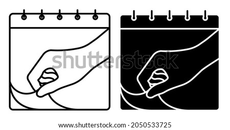 Linear icon. Hand tearing sheet of wall calendar. Marking days of week, months on calendar. Simple black and white vector