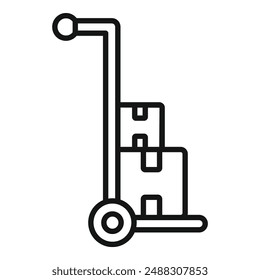 Linear icon of a hand truck with stacked cardboard boxes for logistics and moving concepts