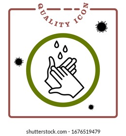 Linear icon of the hand under the drops of water in a green circle and the image of the virus, Coronavirus 2019, Covid-19, CoV, bacteria. Antiviral protective measures. Stock vector illustration.