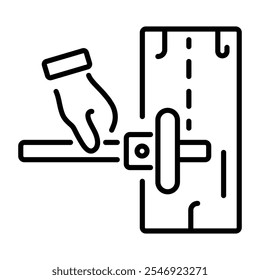 Linear icon of a hand using a marking tool to create a line on a piece of wood