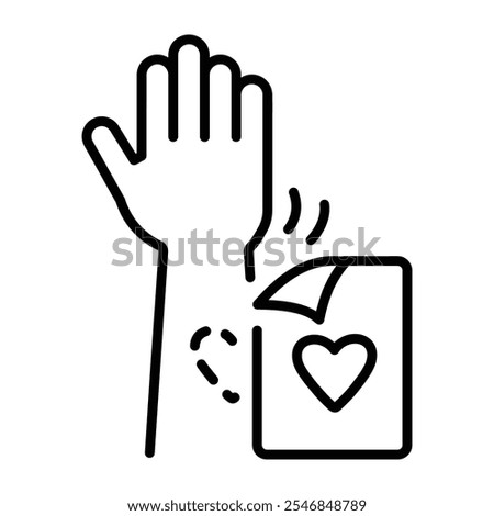 A linear icon of a hand using transfer paper to create a temporary tattoo