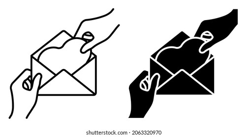 Linear icon. Hands hold envelope with heart shaped greeting card for holiday on Valentine Day. Simple black and white vector isolated on white background