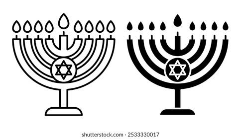 Lineares Symbol. Hanukkah jüdische traditionelle Menorah Kerzenleuchter mit Kerzen und sechs spitzen Stern von David. Einfache schwarz-weiße Vektorgrafik einzeln auf weißem Hintergrund