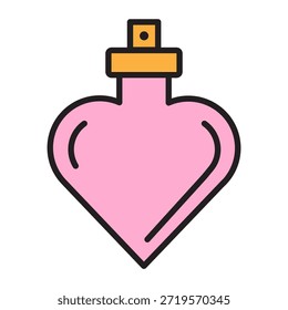Icono lineal de la botella de perfume en forma de corazón con trazo editable y relleno de color para el día de San Valentín. Fragancia elegante, romance, citas, belleza, regalo de boda y símbolo de olor de amor para proyectos de diseño