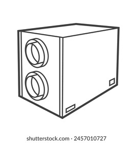 Lineares Symbol eines Wärmerückgewinnungsventilators, ein System, das Wärme speichert und gleichzeitig einen Raum belüftet. Einfache Schwarz-Weiß-Vektorillustration im Line-Art-Stil.