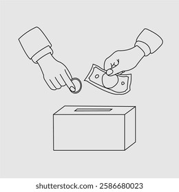 Linear icon holding coins and money for donation. donation box. Support concept. Volunteer social assistance.