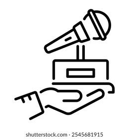A linear icon of holding a music award with a microphone