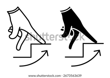 Linear icon. Human hand climbs up a ladder with its fingers walking on steps. Simple black and white vector isolated on white background