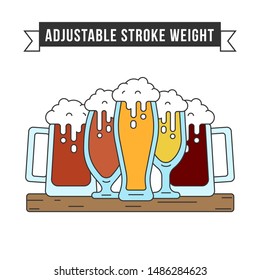 Linear icon illustrations of different kinds and sorts of beer in glass mugs for october german festival. Oktoberfest vector symbols isolated. Lager stout and ale with bubbles and foam for pub and bar