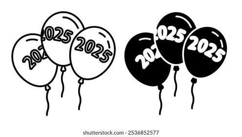 Linear icon. Inflatable new year balls with the inscription 2025. Simple black and white vector isolated on white background