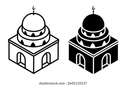 Linear icon, isometric ancient temple, isometric Muslim mosque, dome and crescent symbol on top. Religious building for prayers. Simple black and white top view vector isolated on white background