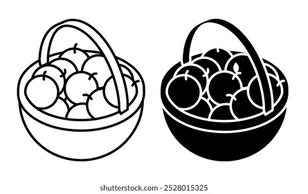 Icono lineal, cesta isométrica con asa llena de manzanas de frutas recién recogidas. Cosecha de frutas de otoño. Vector blanco y negro simple aislado en el fondo blanco