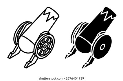 Linear icon, isometric circus cannon on wooden wheels for performing dangerous tricks aerial view. Simple black and white top view vector isolated on white background