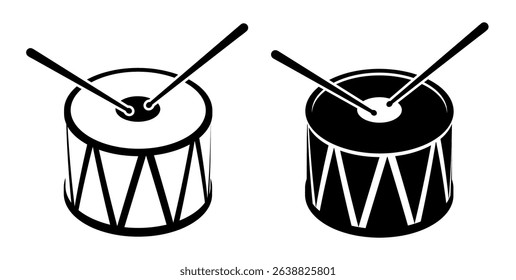 Linear icon, isometric drum with drumsticks musical instrument. Percussion musical instrument. Simple black and white top view vector isolated on white background