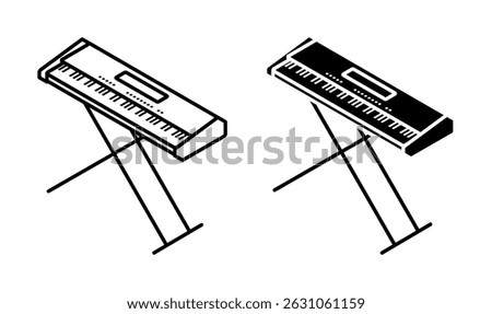 Linear icon, isometric electronic synthesizer top view. Modern musical keyboard instrument for playing classical, electronic music. Simple black and white top view vector isolated on white background