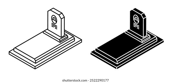 Ícone linear, lápide cemitério isométrico de Halloween com foto e data de vida do falecido. Vetor preto e branco simples isolado no fundo branco