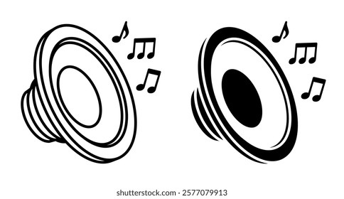 Linear icon, isometric music speakers with notes flying out. Listening to music and melodies on professional audio equipment. Simple black and white top view vector isolated on white background