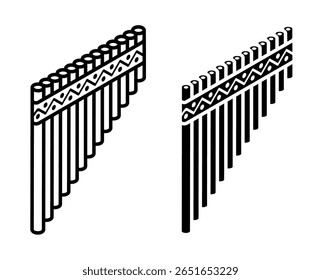 Linear icon, isometric Peruvian wind flute national musical instrument made of a series of wooden tubes of different tones. Simple black and white top view vector isolated on white background