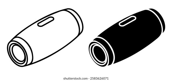 Linear icon, isometric portable music speaker. Music in nature and in noisy company of friends. Simple black and white top view vector isolated on white background