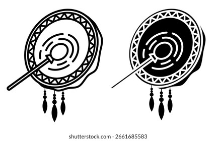 Ícone linear, tambor xamânico isométrico decorado com ornamentos mágicos e amuletos. Vetor de vista superior preto e branco simples isolado no fundo branco