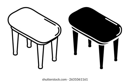 Ícone linear, palhaço retangular macio isométrico, lugar pianista no piano. Banco da cadeira em quatro patas. Vetor de vista superior preto e branco simples isolado no fundo branco