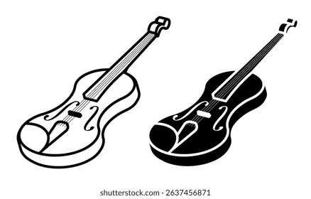 Linear icon, isometric violin and string bow musical instrument. Classical viola orchestra instrument. Simple black and white top view vector isolated on white background