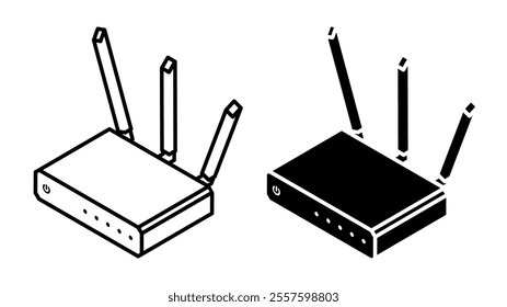 Linear icon, isometric wireless WiFi router device for  communication signal in apartment and office network. Simple black and white top view vector isolated on white background