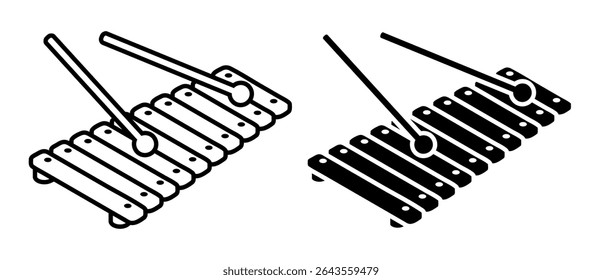 Linear icon, isometric xylophone musical instrument of percussion idiophones. Xylophone made of plates. Simple black and white top view vector isolated on white background