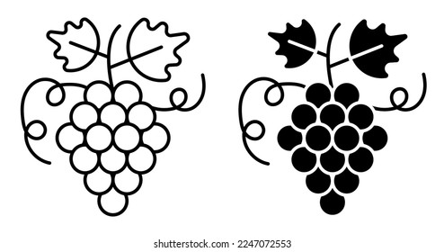 Linear icon, juicy bunch of grapes with leaves and tendrils. Fruit diet and healthy eating. Simple black and white vector isolated on white background