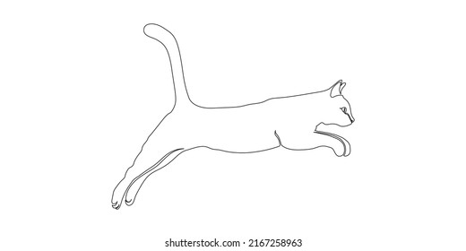 The linear icon of a jumping cat is highlighted on a white background. Vector flat illustration.