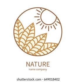 Linear icon of landscape with leaves and sun in circle. Vector logo business emblems. logo for a travel, farming and ecology concepts, health and yoga center. logo round