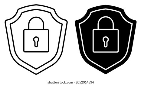 Linear icon. Locked padlock on background of shield. Reliable secure storage of information and property. Simple black and white vector isolated on white background