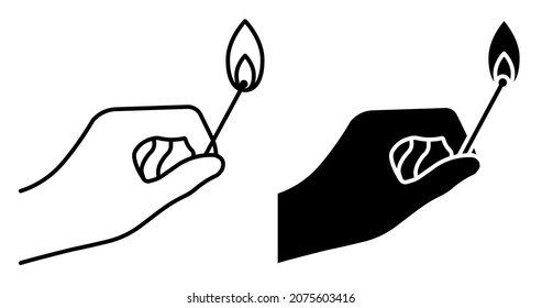Lineares Symbol. Die Hand des Menschen hält ein brennendes Spiel. Sorgfältig mit dem Feuer umgehen. Einfache schwarz-weißer Vektorgrafik einzeln auf weißem Hintergrund