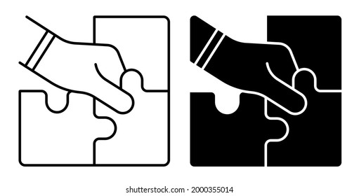 Linear icon. Man hand puts puzzle piece back in place. Making idea come true. Consistent work to achieve result. Simple black and white vector
