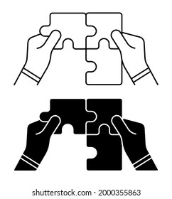 Linear icon. Man hands connect puzzle pieces. Teamwork. Joining forces to complete task. Simple black and white vector