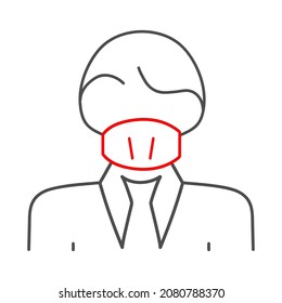 linear icon is a man wearing a mask or a gauze bandage for the face. The mask covers the mouth and nose. Virus protection, a sign on the door. Flat style.