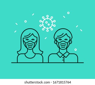 Linear icon of man and woman in medical masks. Vector illustration of virus protection. Coronavirus epidemic pictogram.