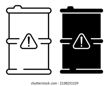 Linear icon, metal barrel with danger sign. Storage and disposal of hazardous substances. Simple black and white vector isolated on white background