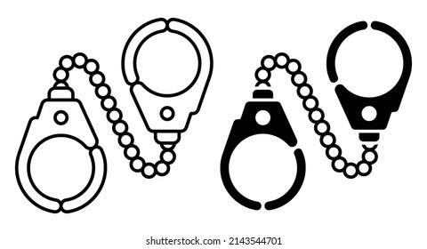 Linear icon, metal handcuffs to neutralize criminals. Outfit and equipment of police. Simple black and white vector isolated on white background