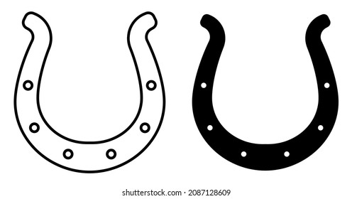 Linear icon. Metal horseshoe for horse. Symbol of good luck and happiness in culture. Simple black and white vector isolated on white background