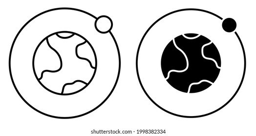 Linear icon. Moon rotates in orbit around planet Earth. Satellite of planet. Astronomy and astrology. Space exploration. Simple black and white vector