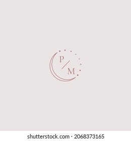 Linear icon with moon, stars, letters M and P. Logo for womens business, astrology, jewelry, beauty salon, cosmetics. Stylish icon with moon and stars.