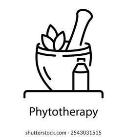 Ícone linear de uma argamassa e pilão com folhas para fitoterapia