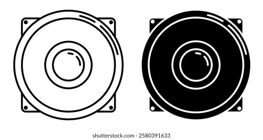 Linear icon, music speakers front view. Listening to music and melodies. Simple black and white vector isolated on white background