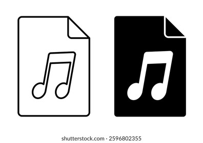 Linear icon. Musical note symbol on piece of paper with folded corner. Audio media file. Simple black and white vector isolated on white background