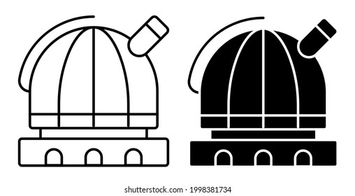 Icono lineal. Observatorio. Estación de observación del espacio, estrellas y planetas del sistema solar. Exploración espacial. Vector simple en blanco y negro