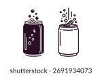 A linear icon of an open aluminum can with fizzy soft drinks. It