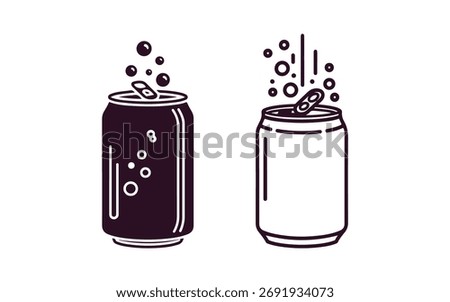A linear icon of an open aluminum can with fizzy soft drinks. It's all about storing cocktails and soda in a jar. This is a straightforward black and white vector on a white background.