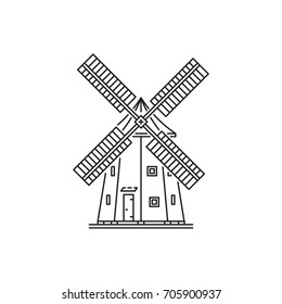 Linear icon in a outline style windmill isolated on a white background. Mill building for grinding grain into flour. Village farm buildings.