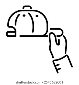A linear icon of a p cap being held by a hand 